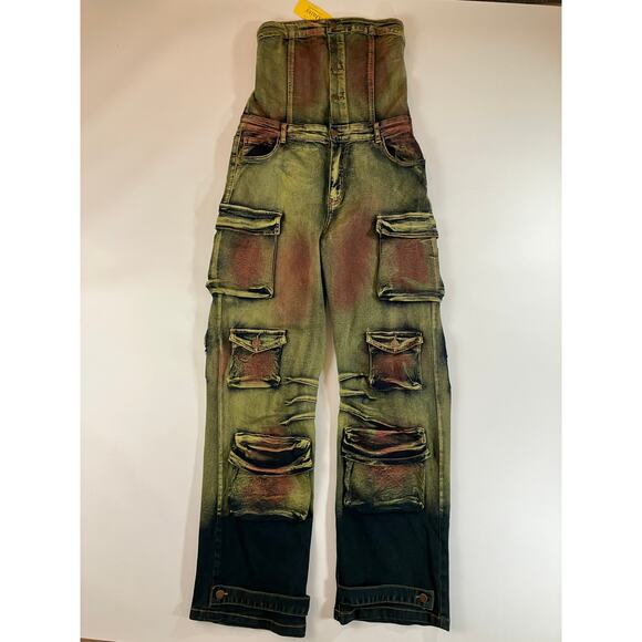Daisy Pants - Daisy Women's XL Strapless Cargo Denim Jumpsuit Multicolor Acid Wash Y2K NWT